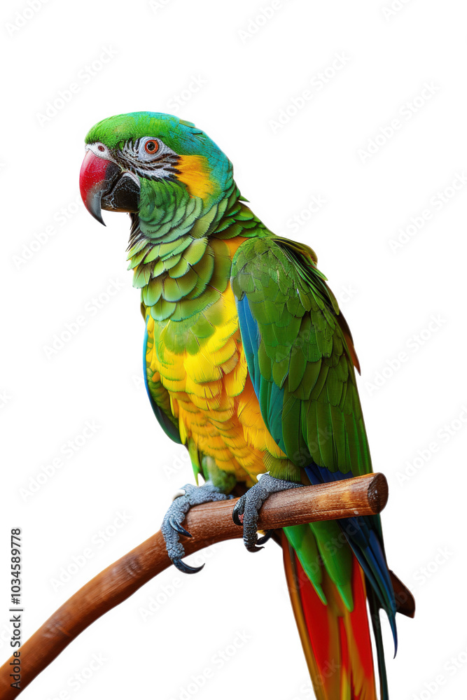 Obraz premium Colorful Parrot Perched on Wooden Branch Against Black Background.