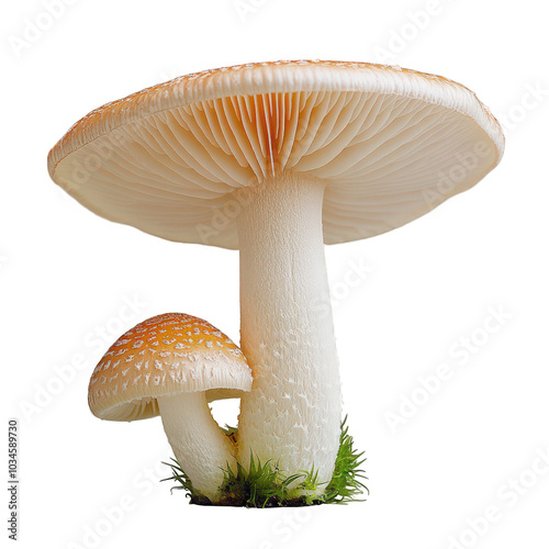 Large Gilled Mushroom with Emerging Companion on Dark Background. photo