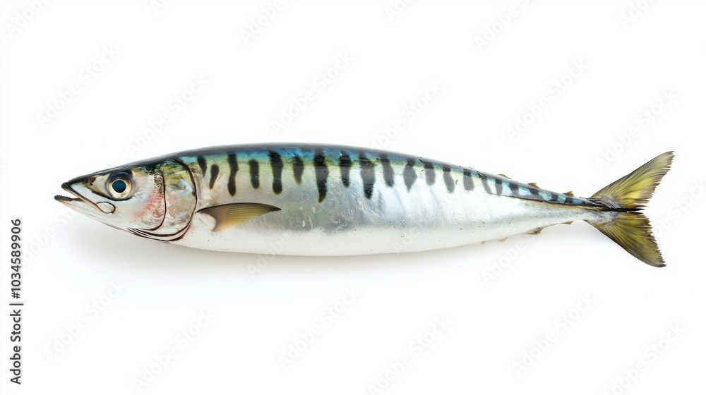 Atlantic Mackerel rests on a white background highlighting its elongated body and unique striped pattern. This species is known for its vibrant appearance and culinary versatility. Atlantic Mackerel rests on a white background highlighting its elongated body and unique striped pattern. This species is known for its vibrant appearance and culinary versatility.