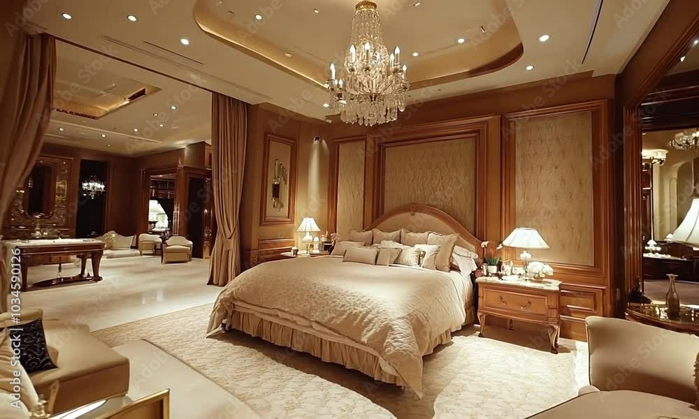 Luxurious bedroom interior with a large bed, plush bedding, and a crystal chandelier. Luxurious bedroom interior with a large bed, plush bedding, and a crystal chandelier.
