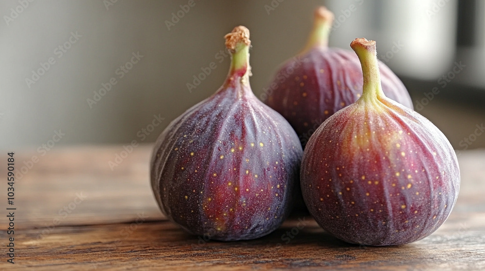 Fototapeta premium Fresh, ripe figs arranged on a wooden surface with an empty space for text, highlighting their natural beauty. A symbol of abundance, fertility, and Mediterranean culture, ideal for food-related conte