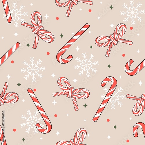 Christmas candy cane and coquette bow seamless pattern, Winter holiday sweets gift, Xmas printable digital paper background
