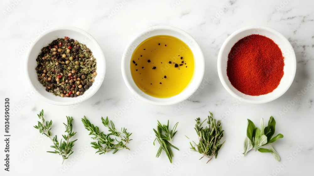Aromatic herbs and spices arranged on a marble surface, a perfect culinary combination for flavorful dishes. Aromatic herbs and spices arranged on a marble surface, a perfect culinary combination for flavorful dishes.