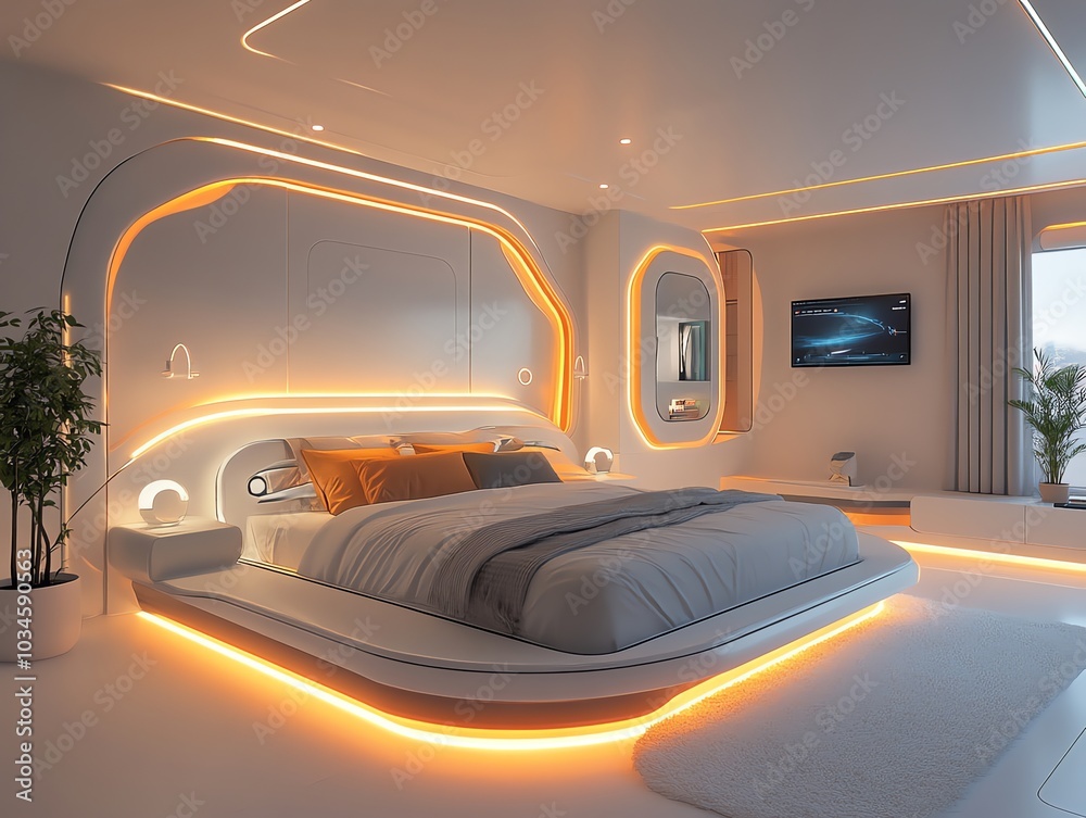 Futuristic bedroom with a large bed, glowing lights, and a modern design. Futuristic bedroom with a large bed, glowing lights, and a modern design.