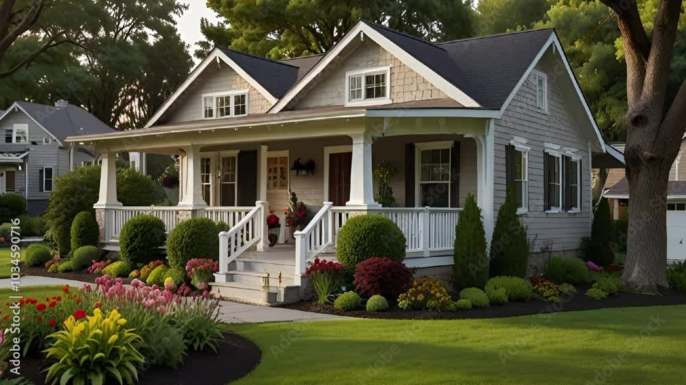 house featuring a wide front porch, a two-car garage, and a beautifully garden with flowers, video 