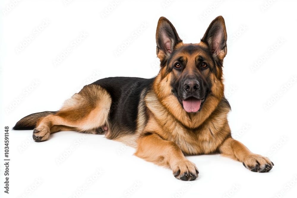 A large black and brown dog is laying on a white background A large black and brown dog is laying on a white background
