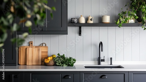 Modern Kitchen Design with Black Cabinets and White Countertop