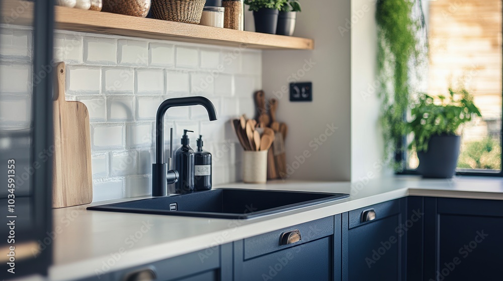 Modern Kitchen Design with Black Faucet and White Tile Backsplash Modern Kitchen Design with Black Faucet and White Tile Backsplash