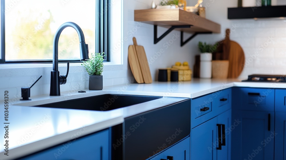 Modern Kitchen Design with Black Faucet and Blue Cabinets Modern Kitchen Design with Black Faucet and Blue Cabinets