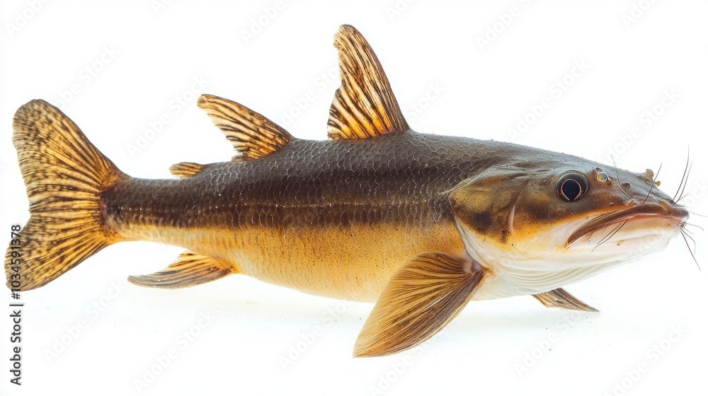 Fototapeta premium bullhead catfish Ameiurus spp is prominently featured against a clean white background highlighting its unique physical traits and coloration.