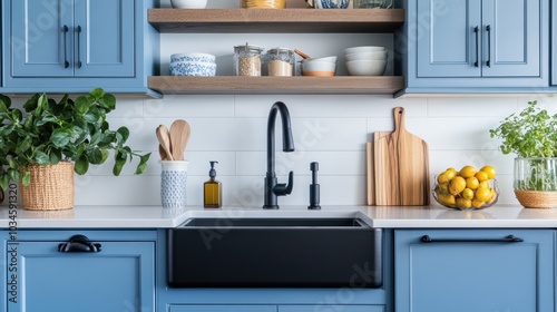 Modern Farmhouse Kitchen with Black Sink and Blue Cabinets