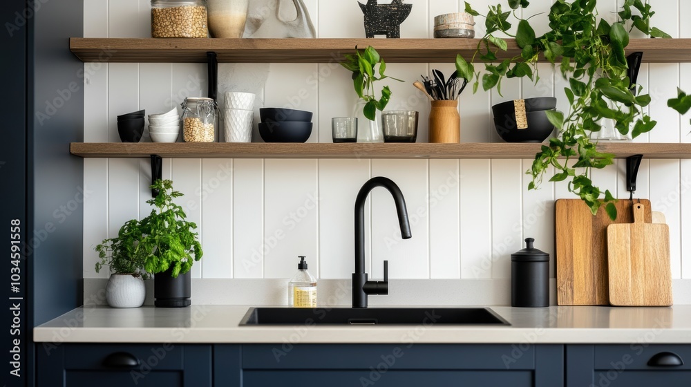 Modern Kitchen Design with Black Faucet and Open Shelving Modern Kitchen Design with Black Faucet and Open Shelving