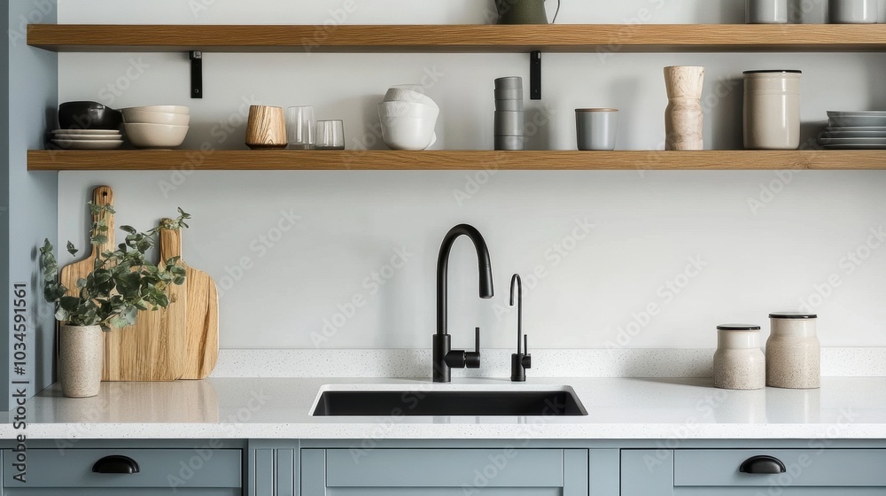 Modern Kitchen Design with Black Faucet and White Countertop Modern Kitchen Design with Black Faucet and White Countertop