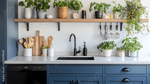 Wallpaper Mural Modern Kitchen Design with Blue Cabinets and Plants Torontodigital.ca