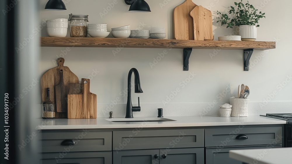 Modern Kitchen Design with Black Faucet and Wood Shelves Modern Kitchen Design with Black Faucet and Wood Shelves
