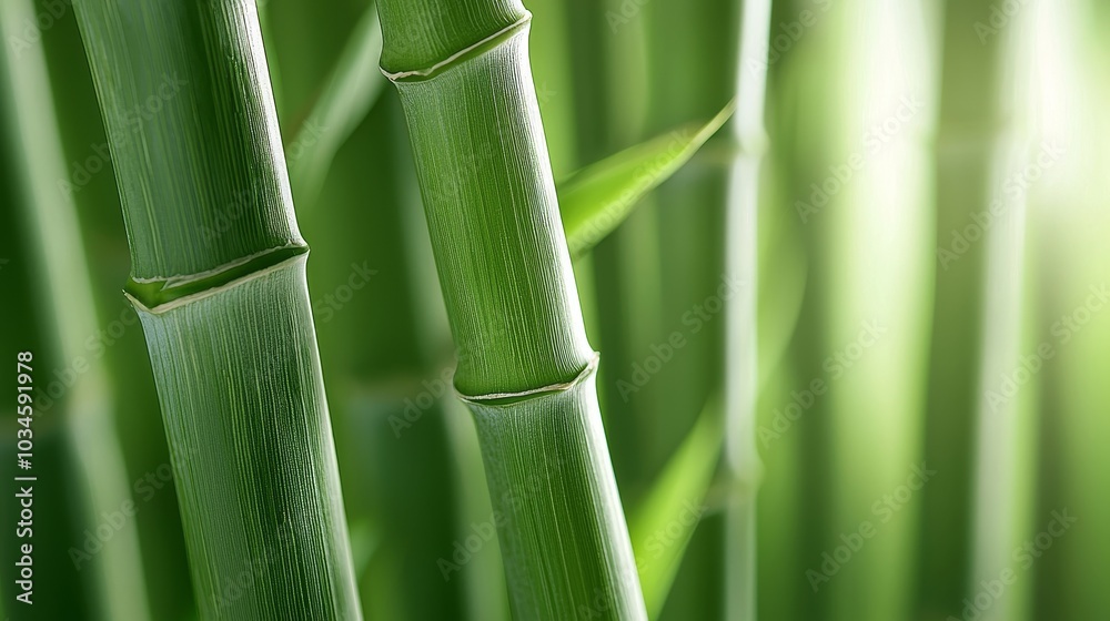Obraz premium Crisp, close-up shot of green bamboo stems, subtle blur in the background, providing a perfect balance for text placement