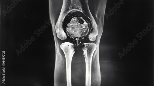 This detailed X-ray reveals a human knee joint with an artificial implant photo