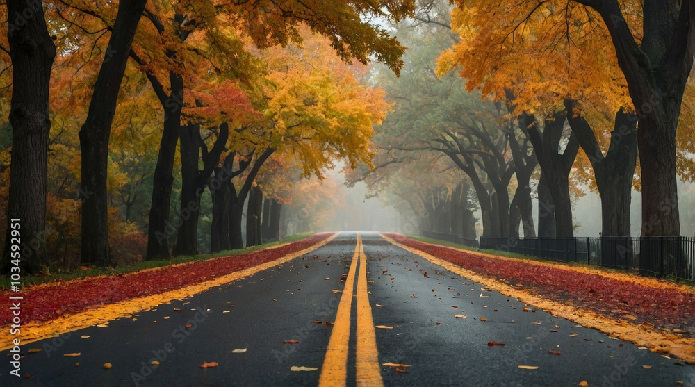 Obraz premium A landscape photograph capturing a straight, wet asphalt road stretching into the distance, flanked by tall trees adorned with vibrant autumn foliage in shades of orange, red, and yellow