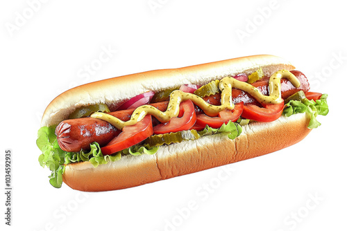 Hot dog in advertising style. Fast food concept. Isolated background, PNG template for the project photo