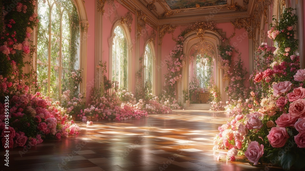 Elegant ballroom in a pink castle, sunlight streaming through tall windows, cascading flowers in full bloom outside, intricate floral patterns on the walls