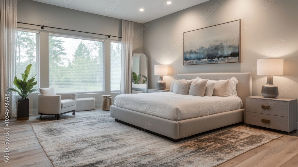 Fototapeta premium Modern Bedroom Interior Design with Large Windows and Stylish Furniture