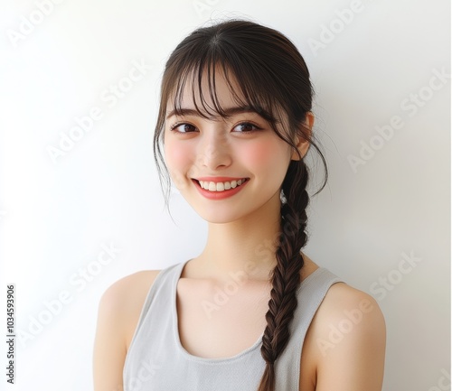 A young Asian woman with Braided Hairstyle poses in a bikini against a white background. Her stylish swimwear and natural beauty are highlighted by the simplicity of the scene. photo