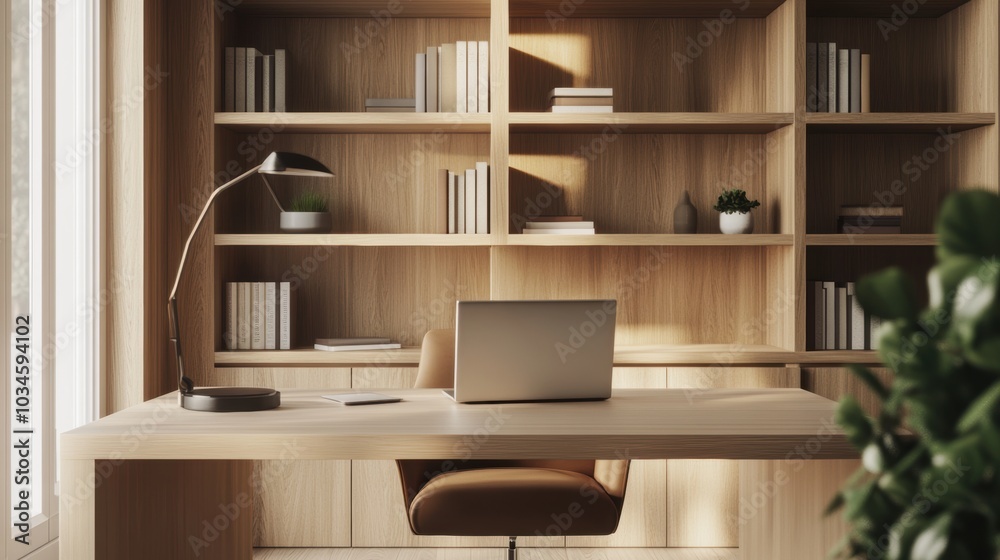 Minimalist Modern Office Design with Wooden Desk and Bookshelf Minimalist Modern Office Design with Wooden Desk and Bookshelf