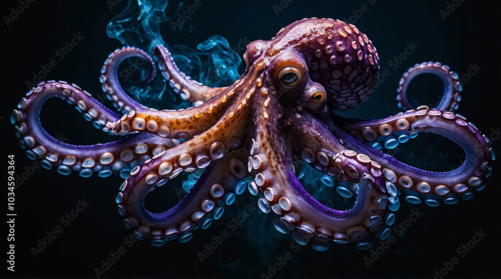A digital artwork featuring an octopus set against a dark background A digital artwork featuring an octopus set against a dark background