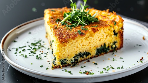 Traditional southern cornbread with a crispy bottom, served with collard greens, [Cornbread], [soul food]