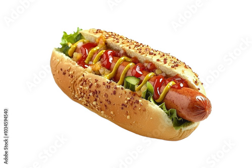 Hot dog in advertising style. Fast food concept. Isolated background, PNG template for the project