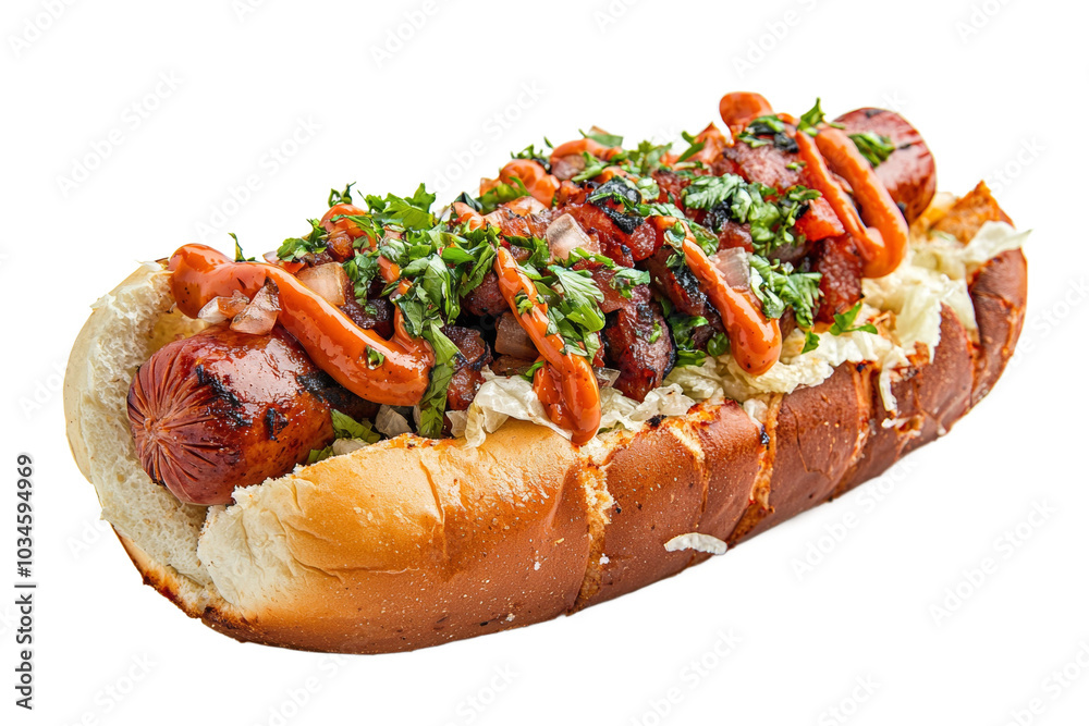 Hot dog in advertising style. Fast food concept. Isolated background, PNG template for the project