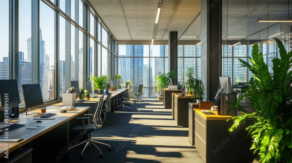 Modern Office Interior with Cityscape View Modern Office Interior with Cityscape View