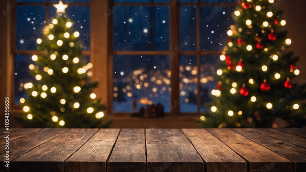 Rustic wood table with view of window with snowy landscape and Christmas trees mockup background Rustic wood table with view of window with snowy landscape and Christmas trees mockup background