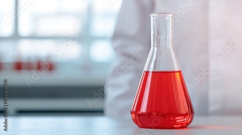 A red liquid in a laboratory flask sits on a table, suggesting scientific experimentation and analysis.