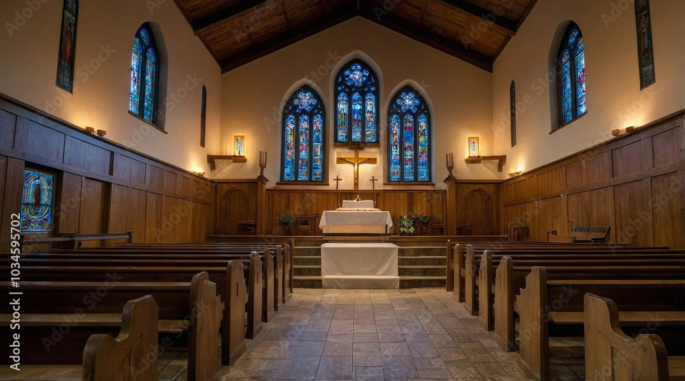 Fototapeta premium a serene church interior with a traditional architectural style. The layout features wooden pews arranged in rows leading up to an altar