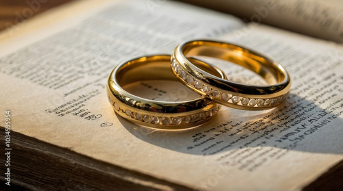 two gold wedding rings resting on an open book