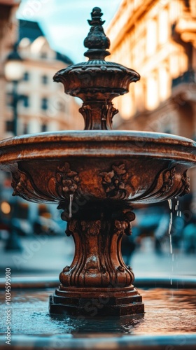 Water fountain dripping water in a city center square