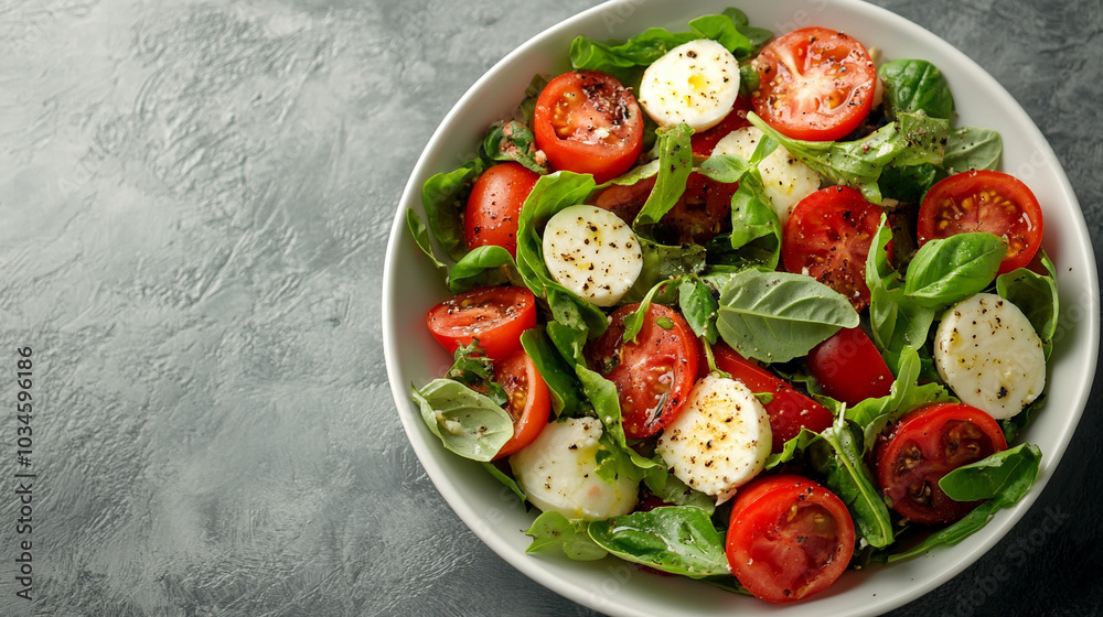 Fresh Caprese salad with vibrant red tomatoes, creamy mozzarella, and lush green basil on a white plate, leaving a blank space on the side for text or design elements Fresh Caprese salad with vibrant red tomatoes, creamy mozzarella, and lush green basil on a white plate, leaving a blank space on the side for text or design elements
