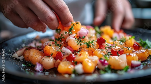 master chefs hands skillfully plating a gourmet dish showcasing vibrant colors and meticulous details set in an upscale michelinstar restaurant kitchen exuding culinary artistry