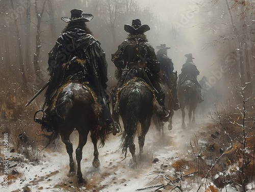 Mysterious Horsemen Riding Through a Snowy Forest