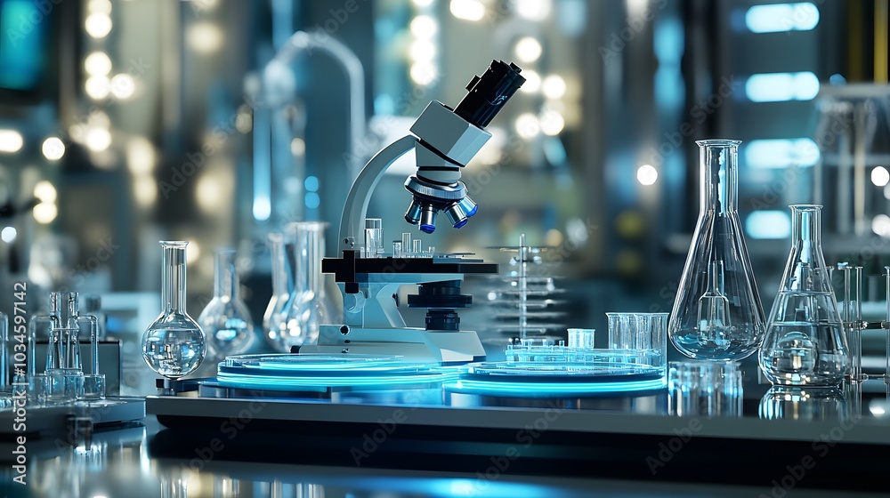 microscope with lab glassware, science laboratory research and development concept. microscope with lab glassware, science laboratory research and development concept.