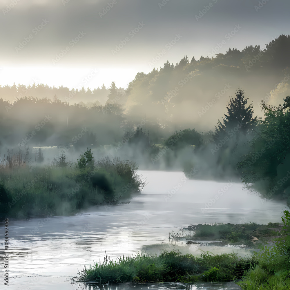 Serene river landscape at dawn, surrounded by misty trees and soft fog, creating a tranquil atmosphere in nature. Serene river landscape at dawn, surrounded by misty trees and soft fog, creating a tranquil atmosphere in nature.