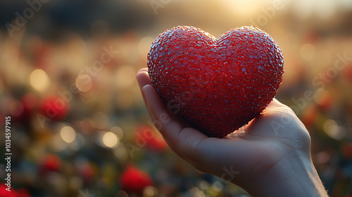 woman's hand gently holds a 3D heart, illuminated against a vibrant, bright background, symbolizing love, compassion, connection, and the power of human touch in a digital world