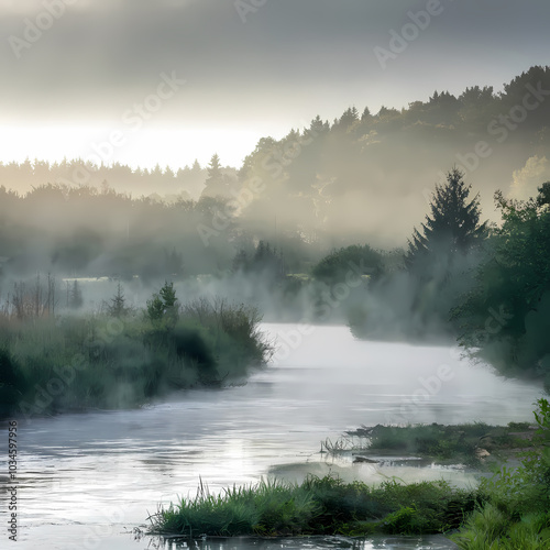 Serene river landscape at dawn, surrounded by misty trees and soft fog, creating a tranquil atmosphere in nature.