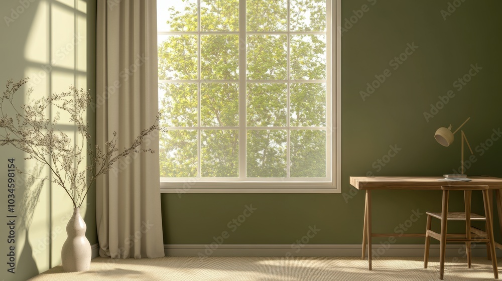 Fototapeta premium Modern Home Office with Green Wall and Natural Light
