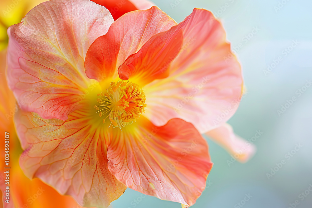 Fototapeta premium pink begonia with yellow center is in focus, with blurred background
