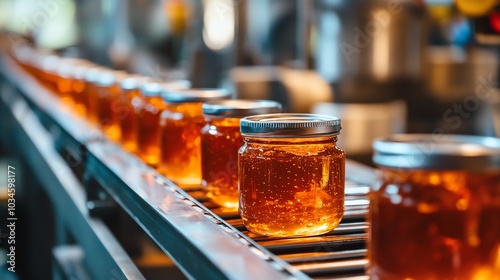 Glass jars of honey move along a factory conveyor belt.