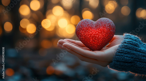 woman's hand gently holds a 3D heart, illuminated against a vibrant, bright background, symbolizing love, compassion, connection, and the power of human touch in a digital world