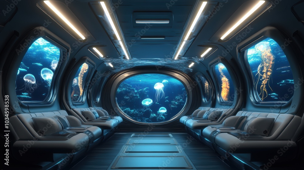 Futuristic Submarine Interior with Ocean View Futuristic Submarine Interior with Ocean View