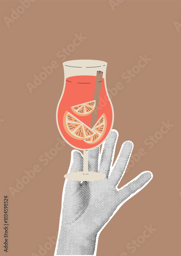 Retro collage with hand holding glass of mulled wine. Halftone collage and doodle vector poster on brown background. New Year, Christmas, Birthday and other holiday concept